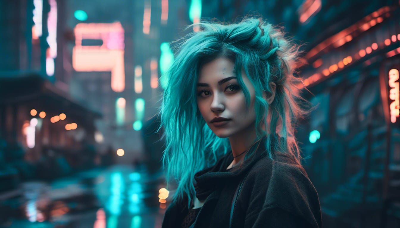 Cyberpunk Artist Girl with Cyan Hair