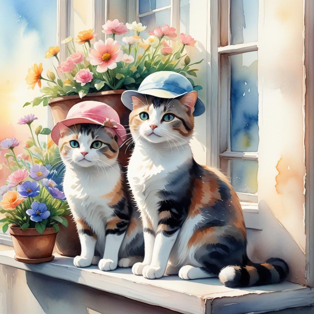 Cats in Hats: Whimsical Watercolor Window Scene