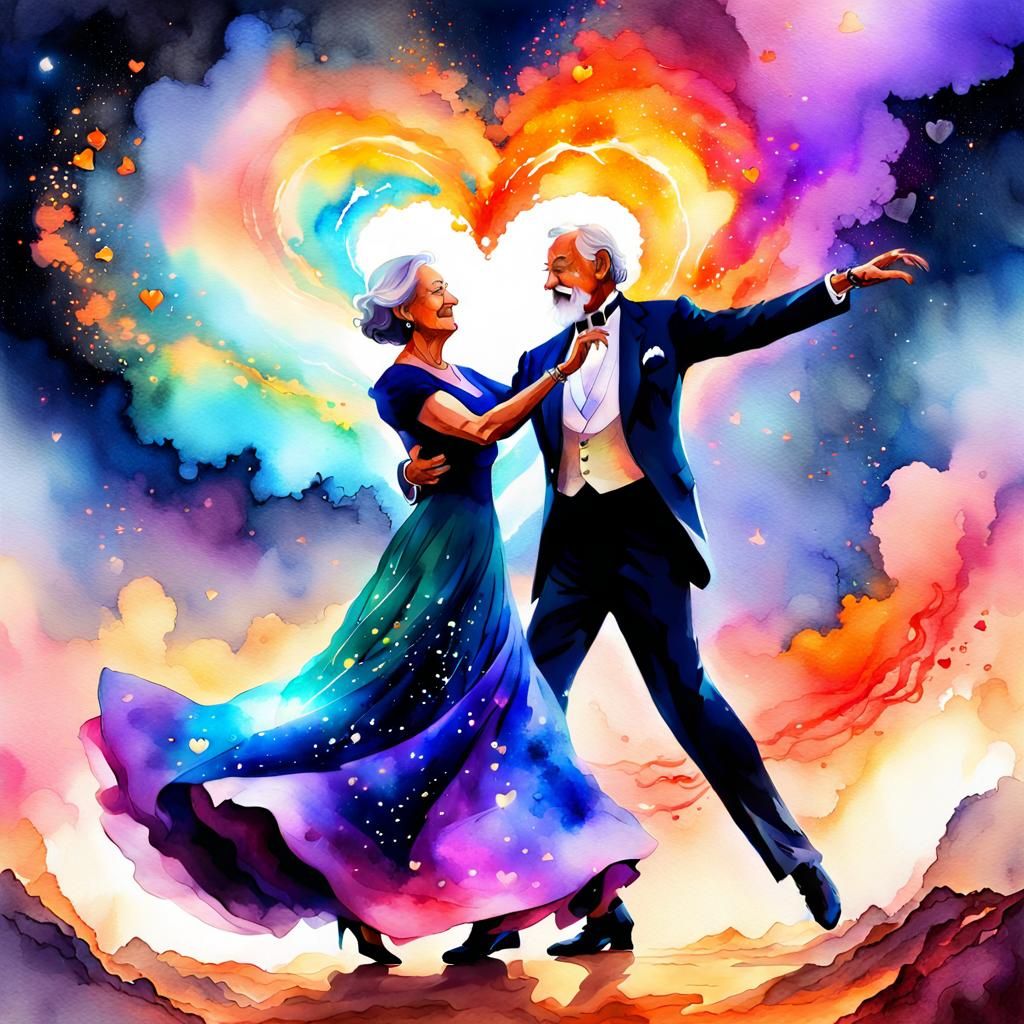 Old Couple Dancing in Watercolor Fantasy