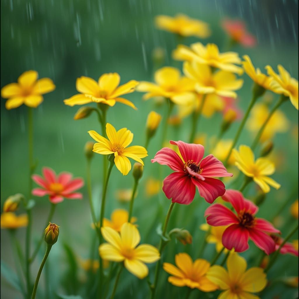 Vibrant Spring Blooms in Cinematic Rainy Day Scene