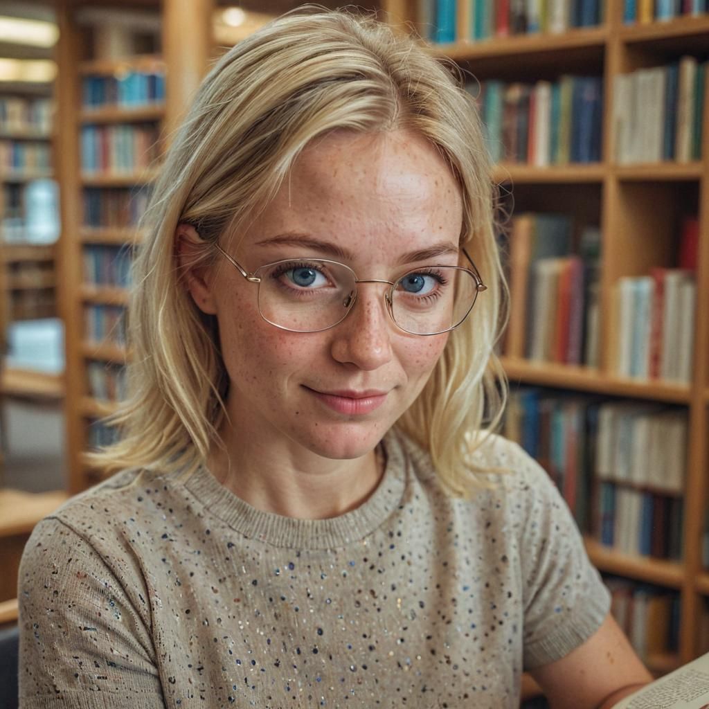 Woman with Freckles Reading Book in Library