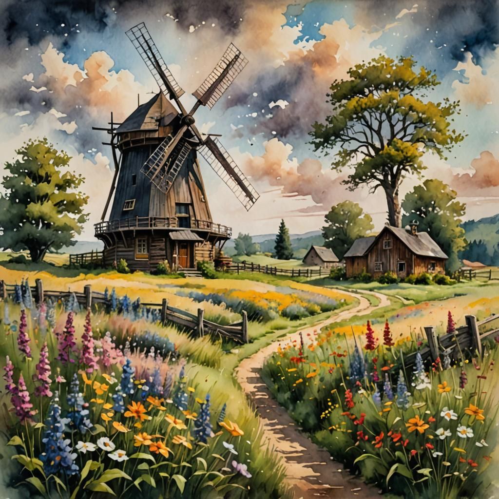Rustic Windmill Scene in Picturesque Meadow