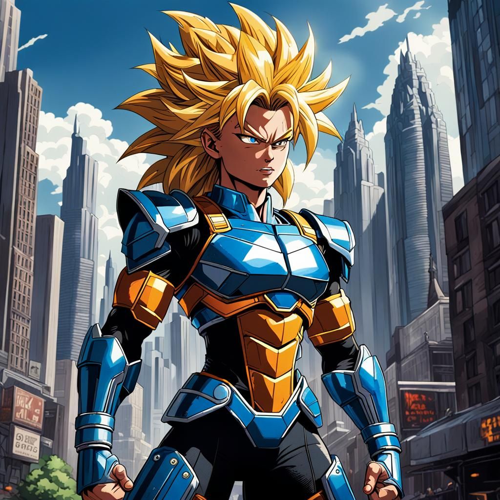 Heroic Super Saiyan Patrolling Retrofuturistic City in 80s A...