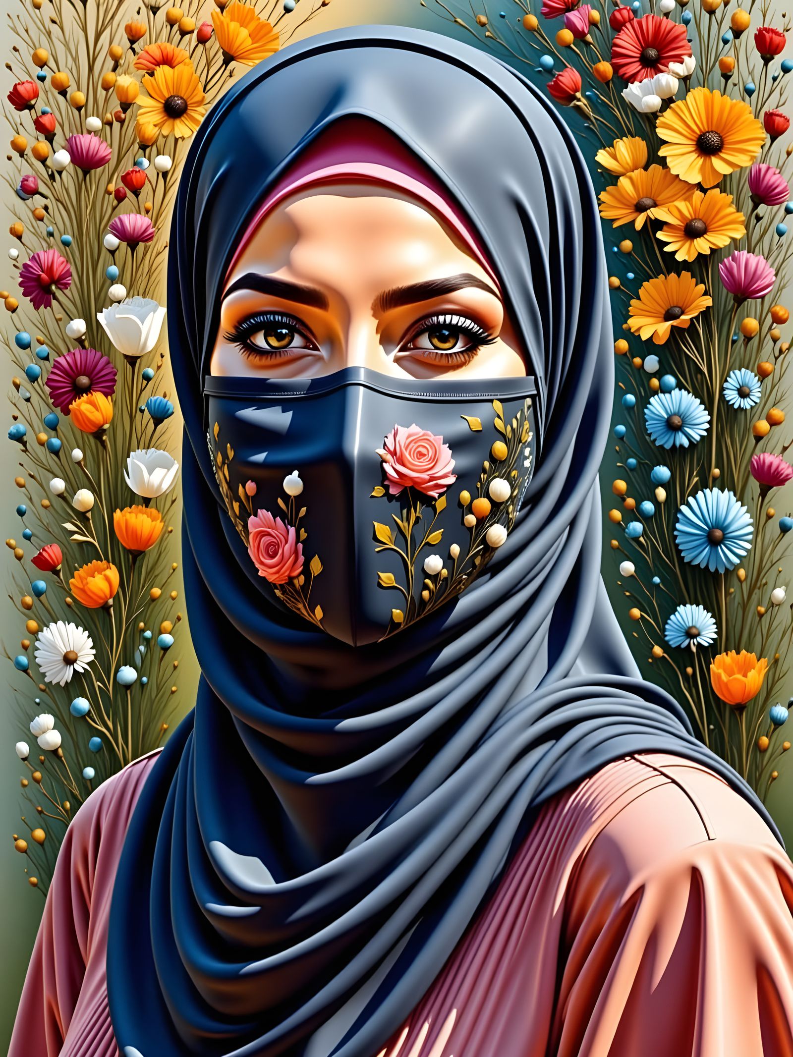 Beautiful Woman in Hijab and Facemask, Oil-Guache Style