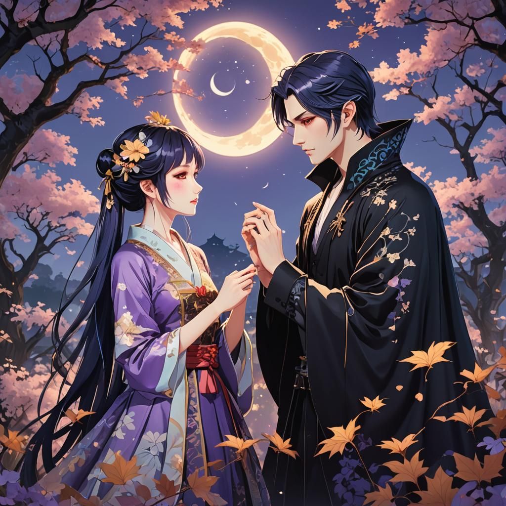 Vampire Proposes to Fairy in Anime Ukiyo-e Style