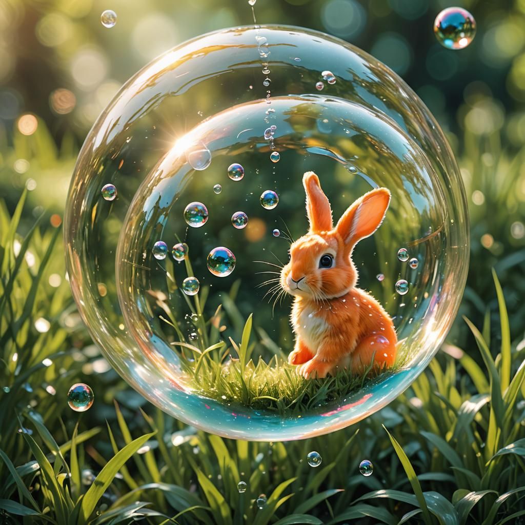 Orange Bunny in Popping Bubble, Vibrant Digital Art