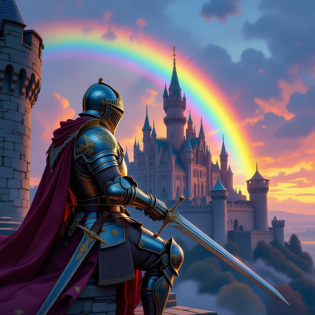 Knight Captures Gothic Castle Under Rainbow Sky