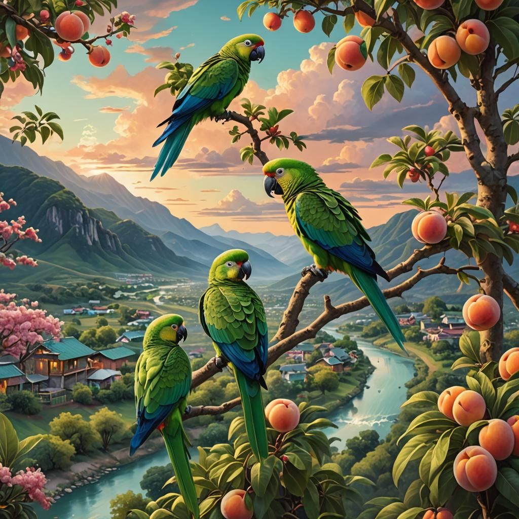 Parrots in Peach Tree Valley: Hyperrealistic Art