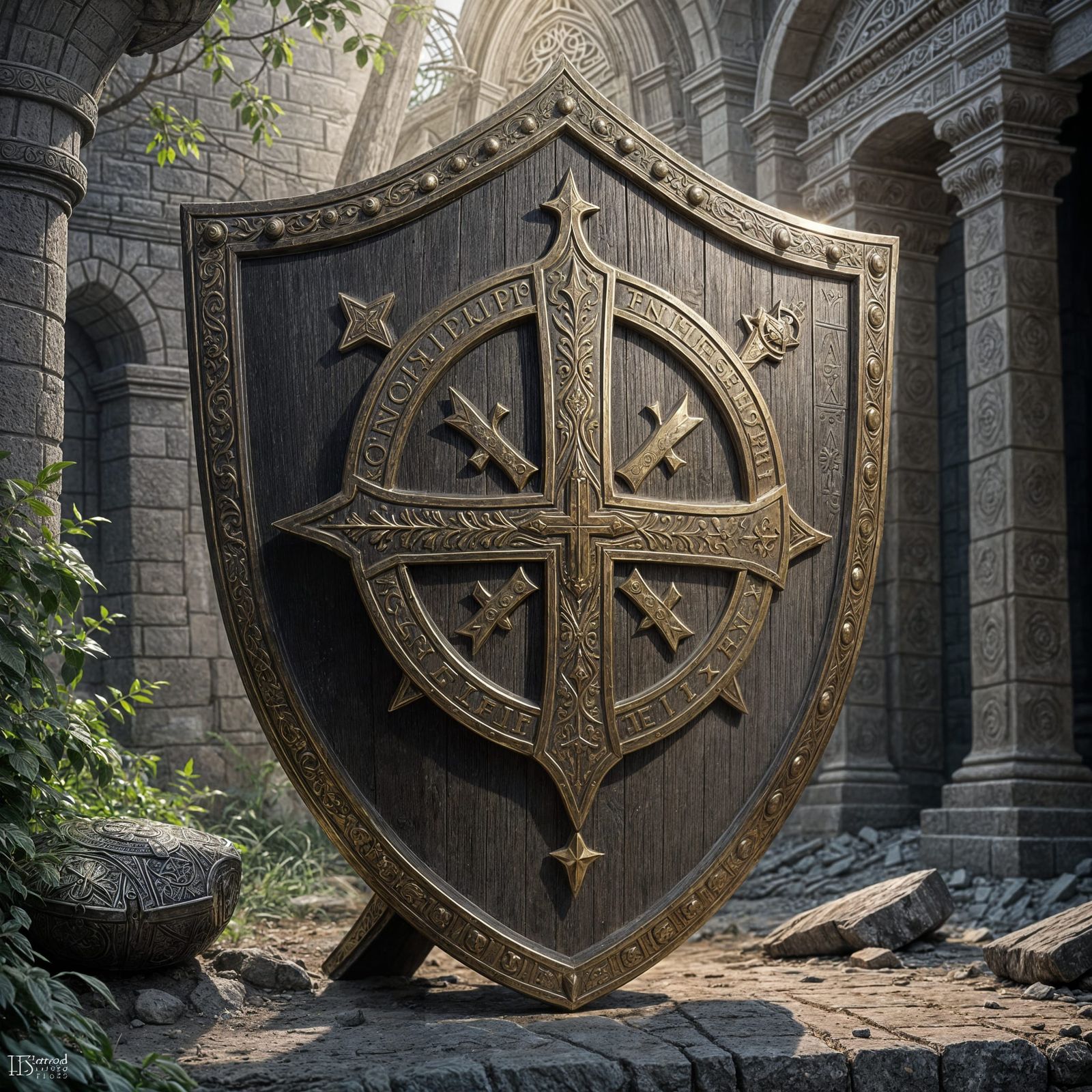 Realistic Brass Knights Templar Shield with Ancient Letterin...