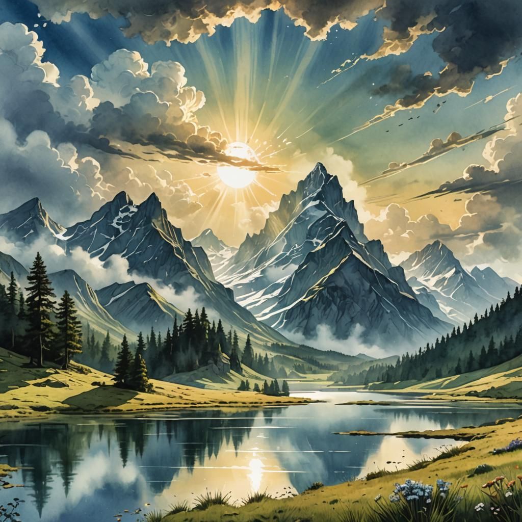 Watercolor Meadow and Mountains with God Rays