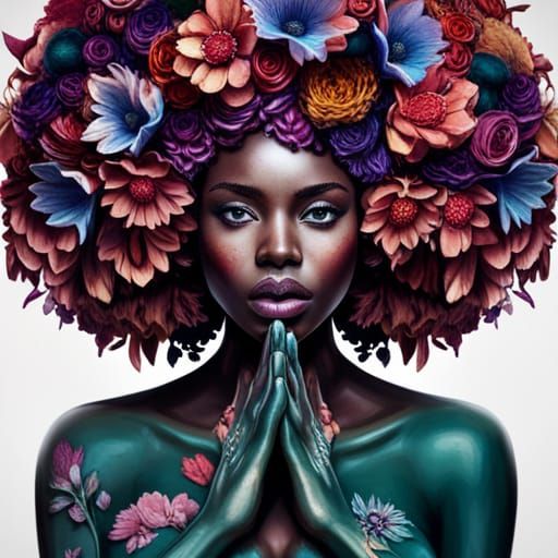 African Woman in Flowers: Digital Art Portrait