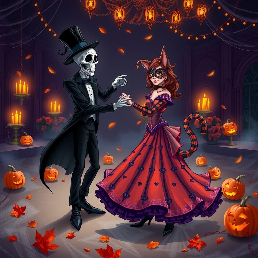 Grim Reaper and Cheshire Cat Waltz at Halloween Ball
