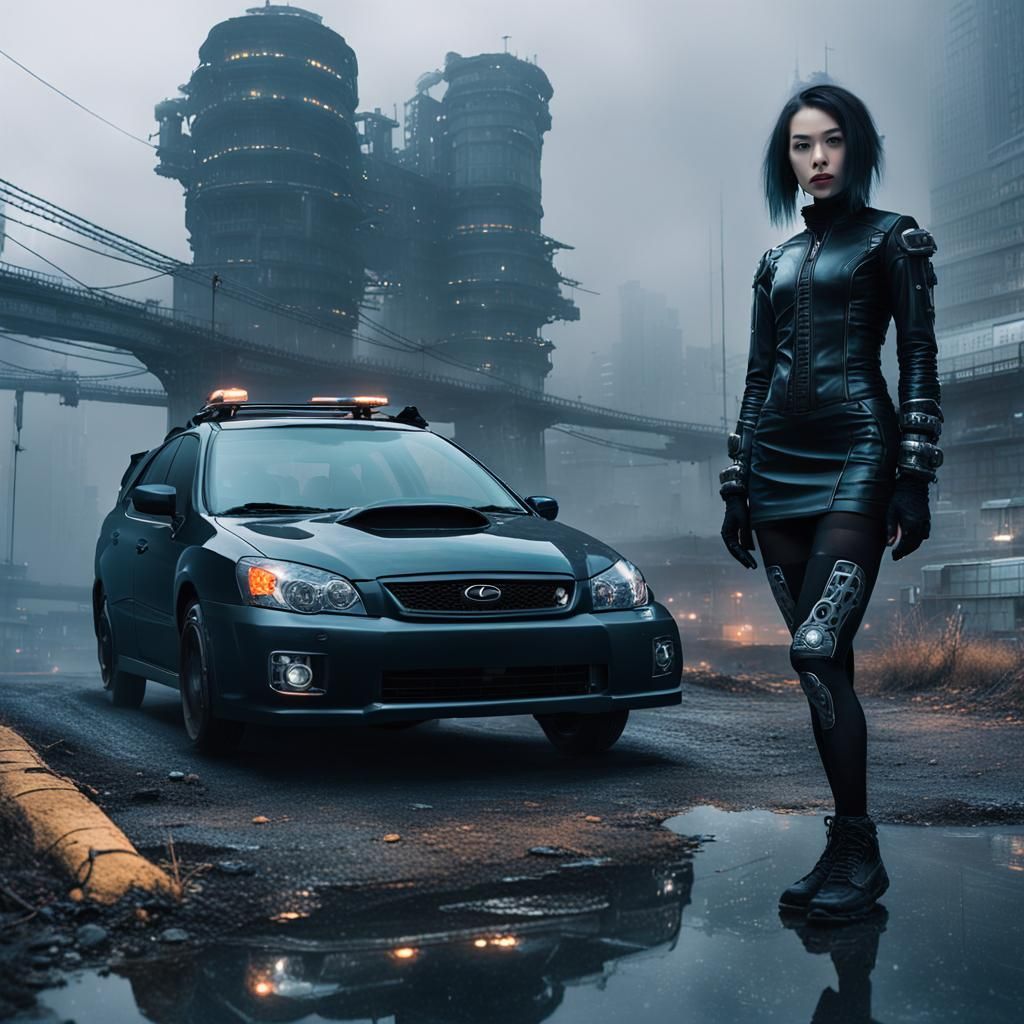 Yakuza Girl in Cyberpunk Scene with Subaru Impreza