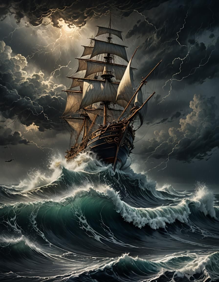 Sailboat Navigating Stormy Seas: Dark Fantasy Art
