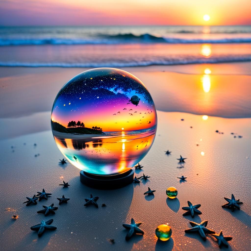 Sunset in Glass Orb with Fireflies