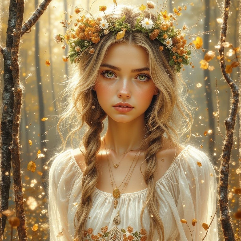 Woman in Sunlit Apiary with Floral Wreath