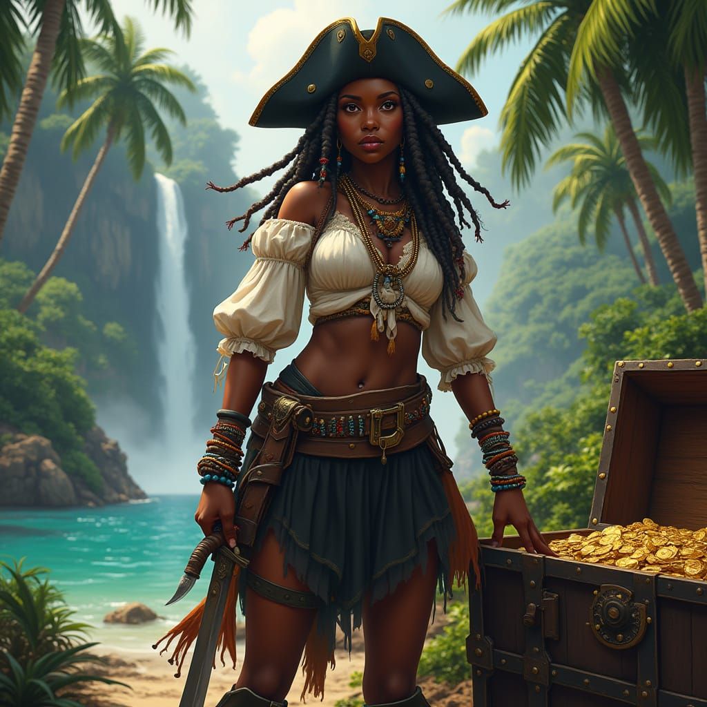 Vibrant Pirate Captain Amidst Tropical Paradise