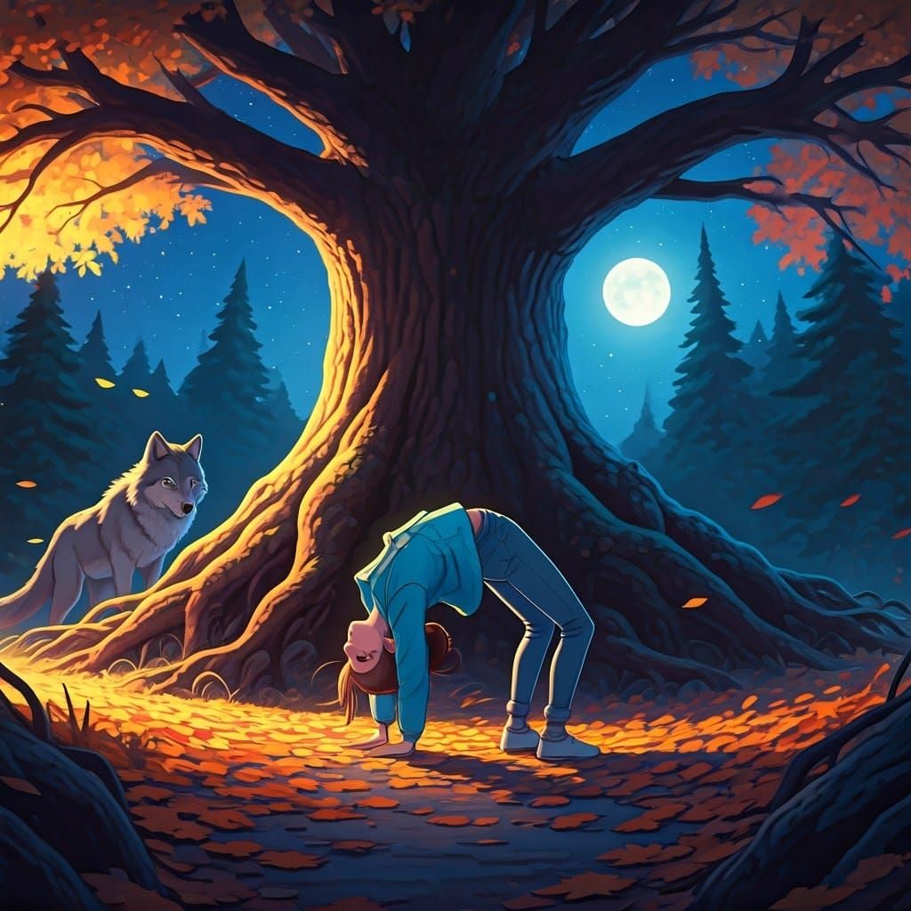 Girl Doing Gymnastics Exercise Under Starry Sky