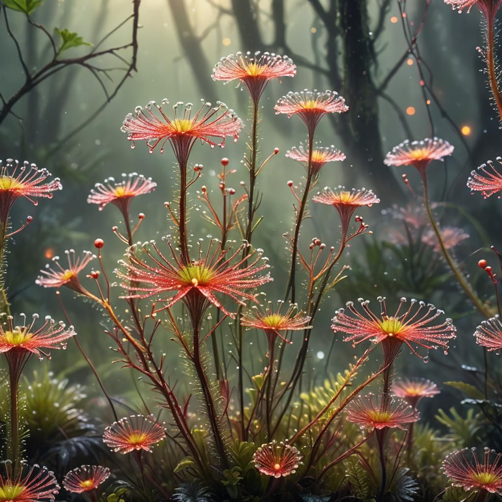 Glorious Sundew Plant in Misty Forest: Digital Art