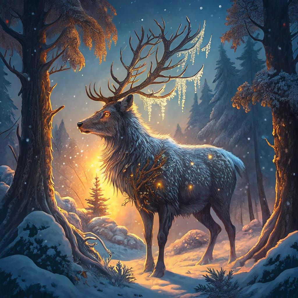 Fantasy Reindeer and Wolverine Stand Together in Serene Snow...