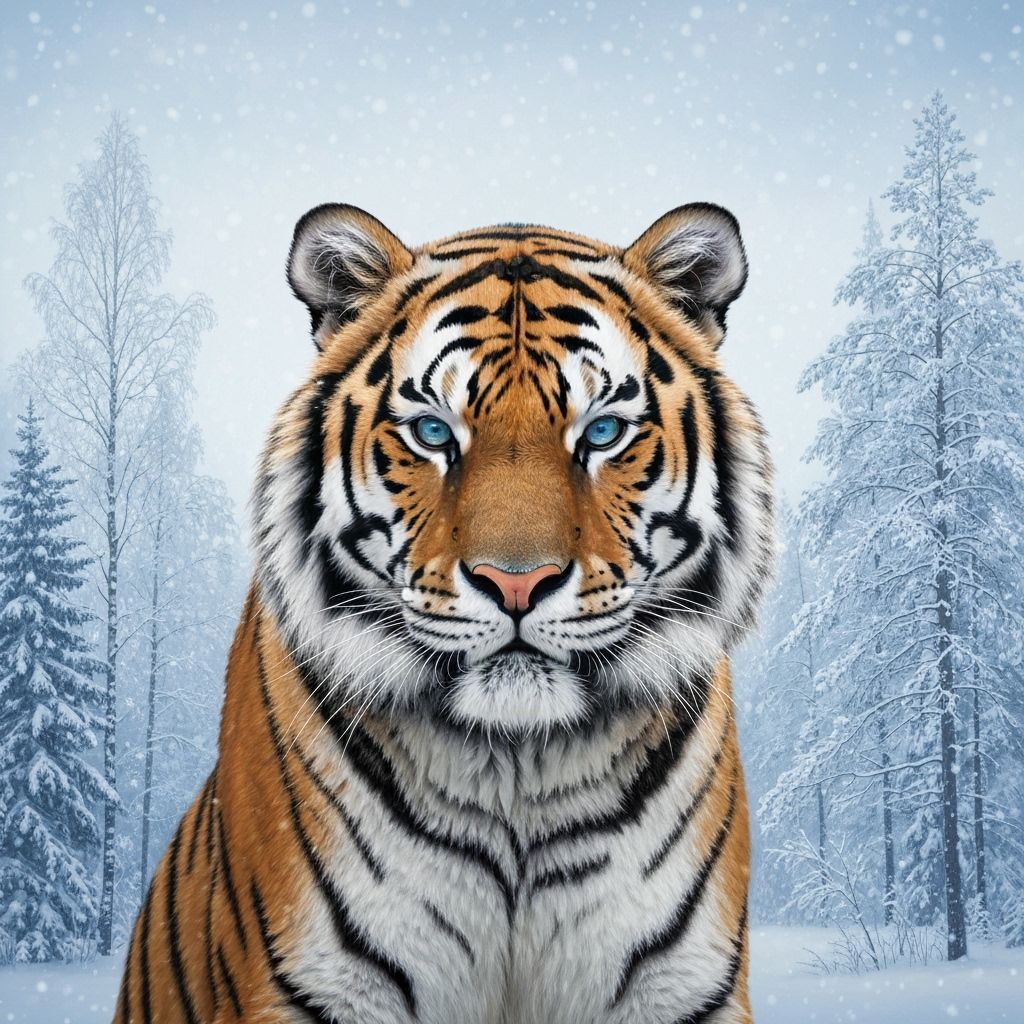 White Tiger in Winter Forest, Hyperrealistic Rendering