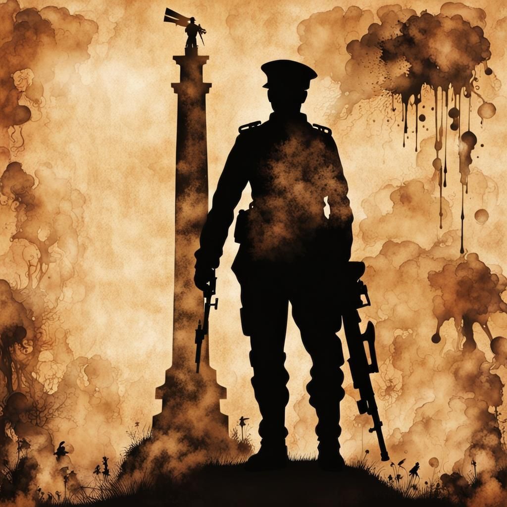 Steampunk Soldier Silhouette in Ink Painting Style