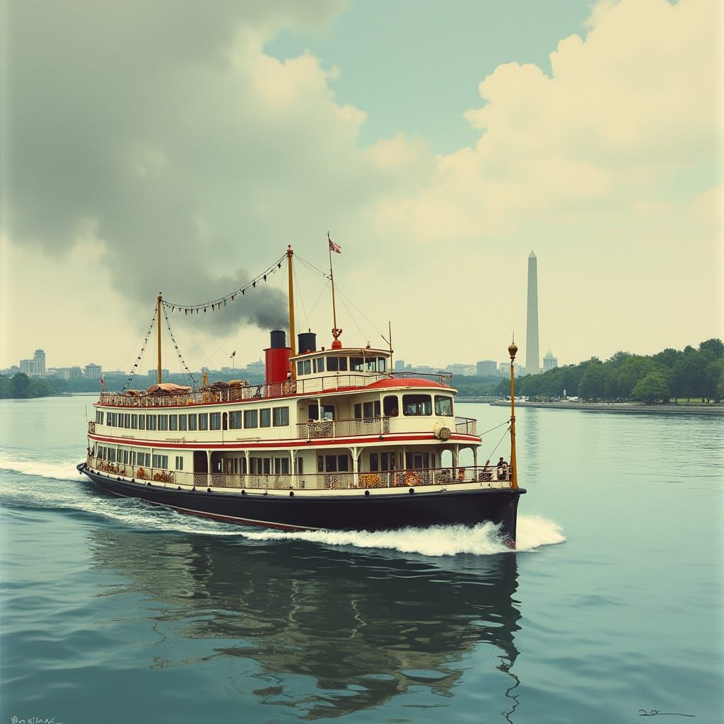 Vintage Diesel Excursion Boat Cruises Potomac River in Retro...