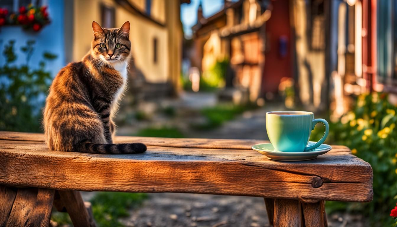 Picturesque Village Cat with Coffee in Morning Light