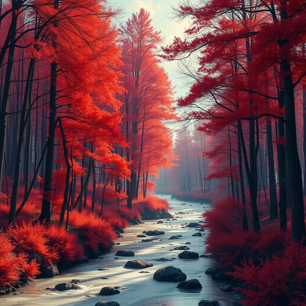 Hyperrealistic Red Forest with Milk River