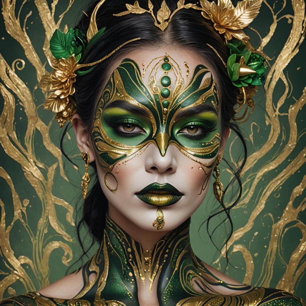 Hyperrealistic Body Paint Art with Gold and Green Accents