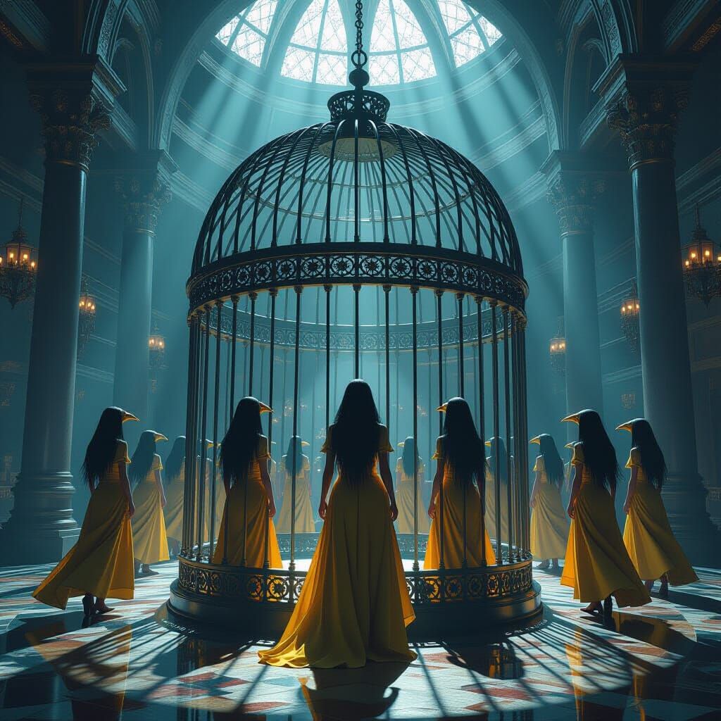 Dark Fantasy Art: Women with Bird Features in Cage