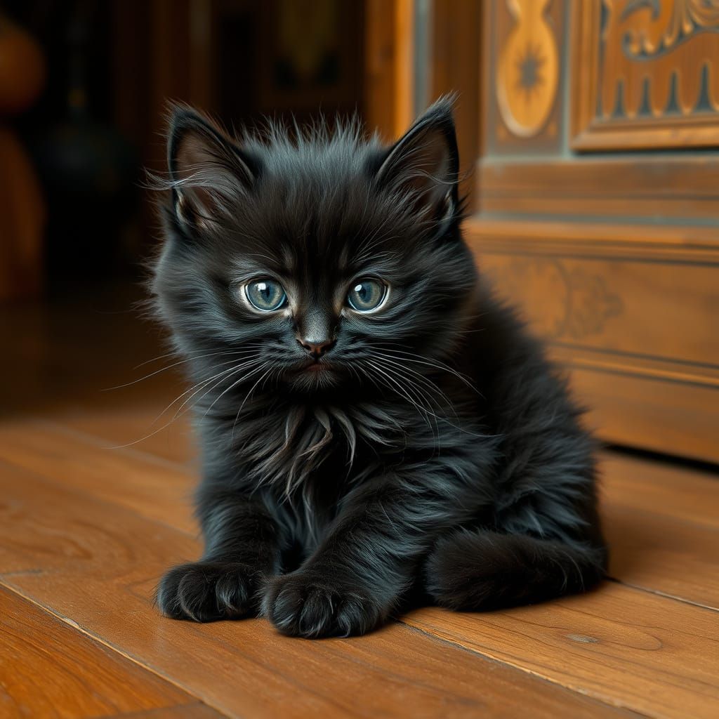 Elegant Black Kitten on Wooden Floor in Pre-Raphaelite Style