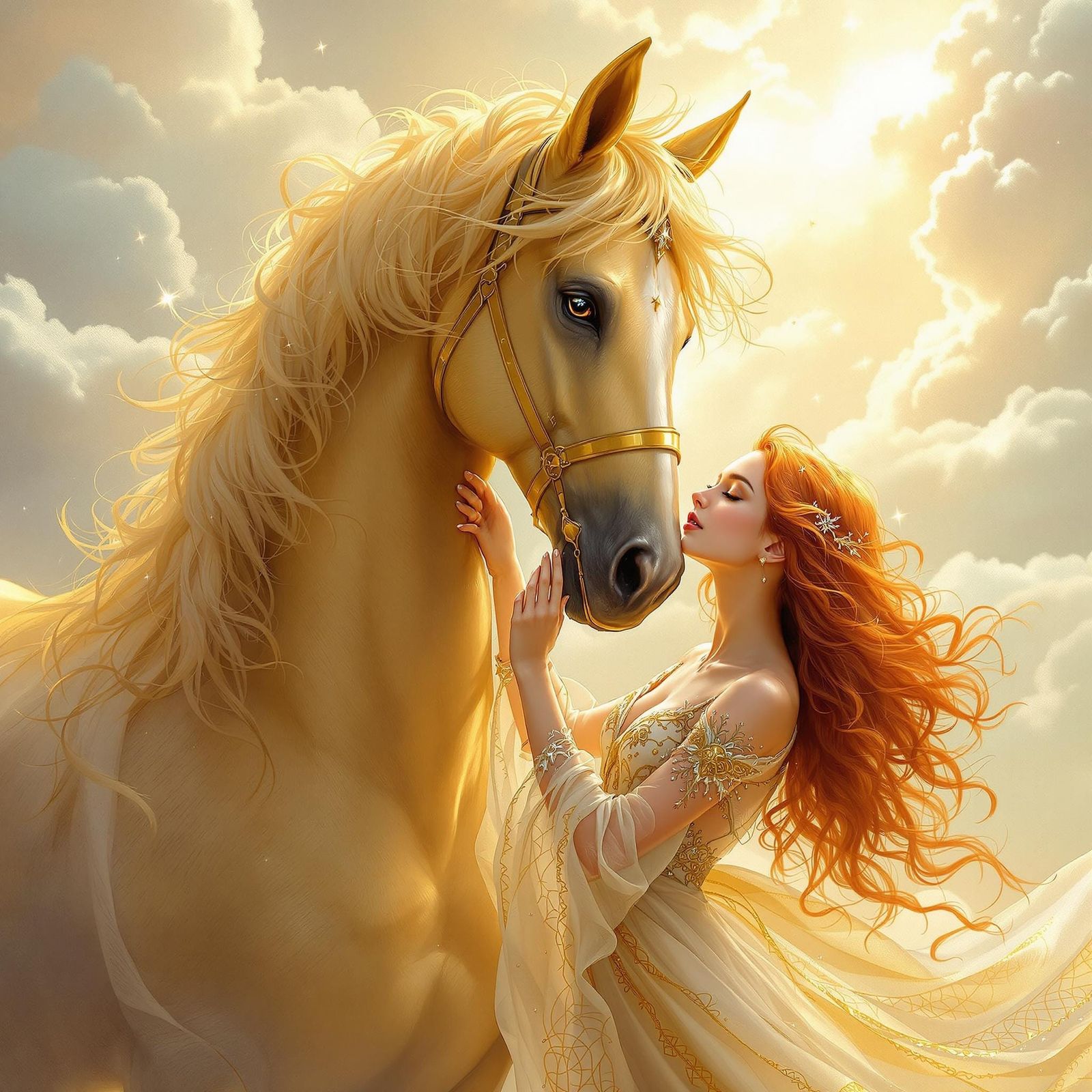 Ethereal Horse and Red-Haired Angel in Dreamy Landscape