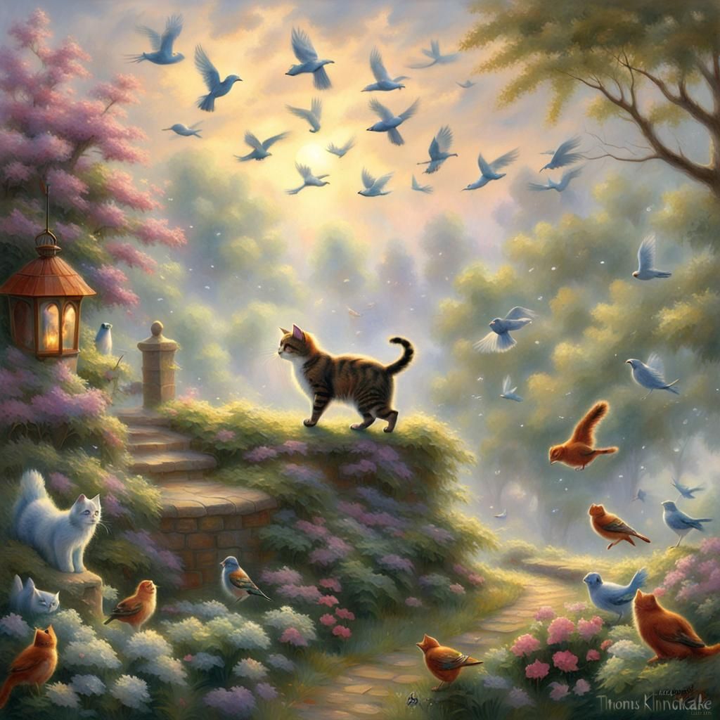 Ethereal Cat Playing with Birds in Misty Fantasy