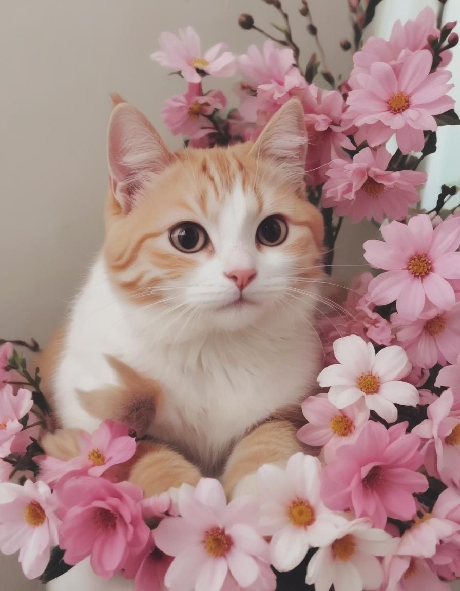 Emoji Cat with Hearts and Flowers