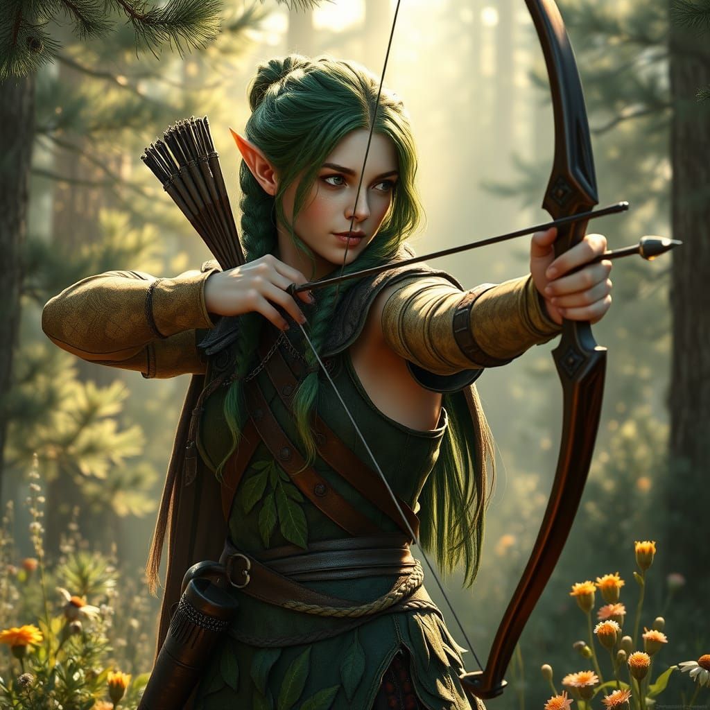 Elven Archer in Sun-Dappled Glade, Hyperrealistic Fantasy Ar...