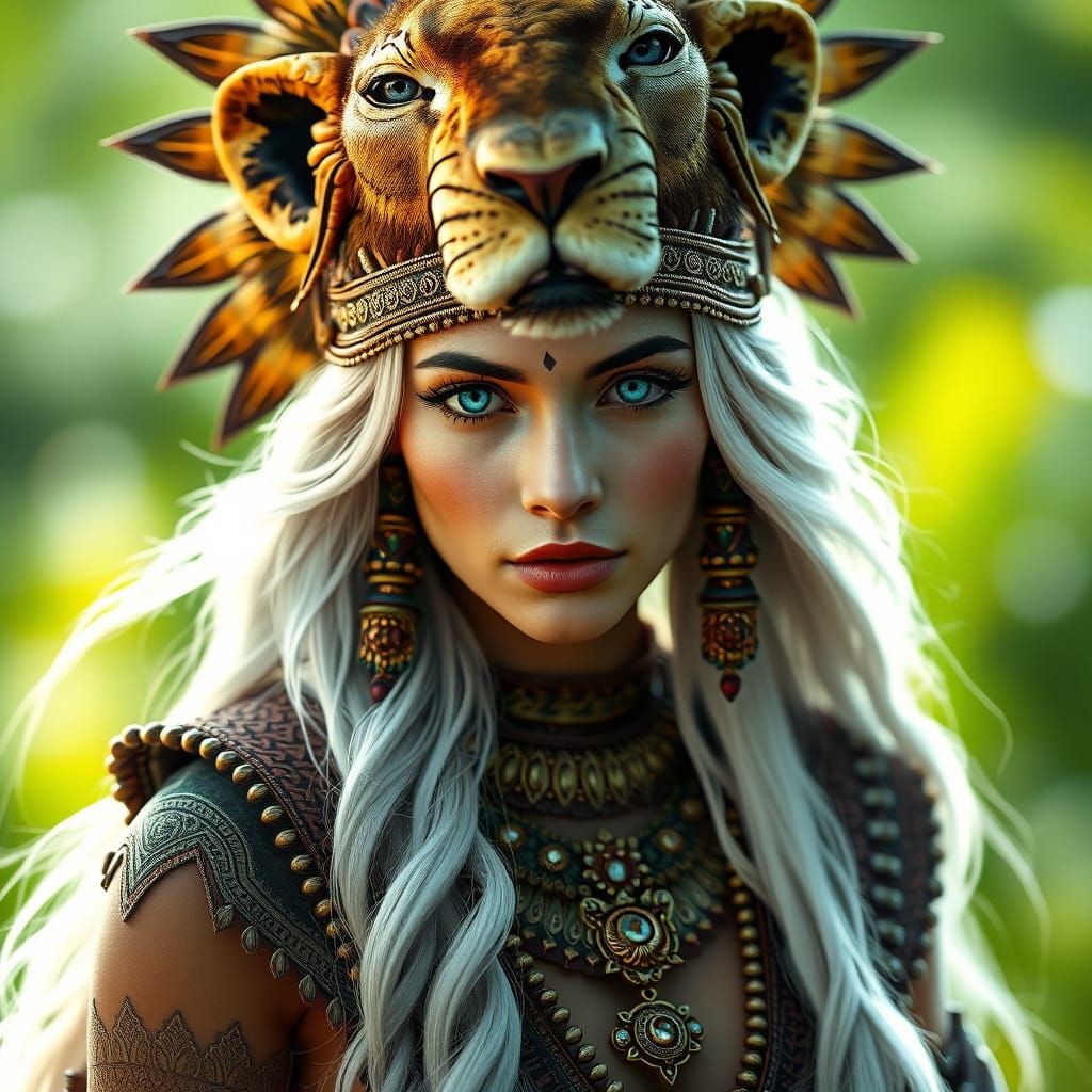 Majestic Woman Wears Regal Lion Headdress in Vibrant Tribal ...
