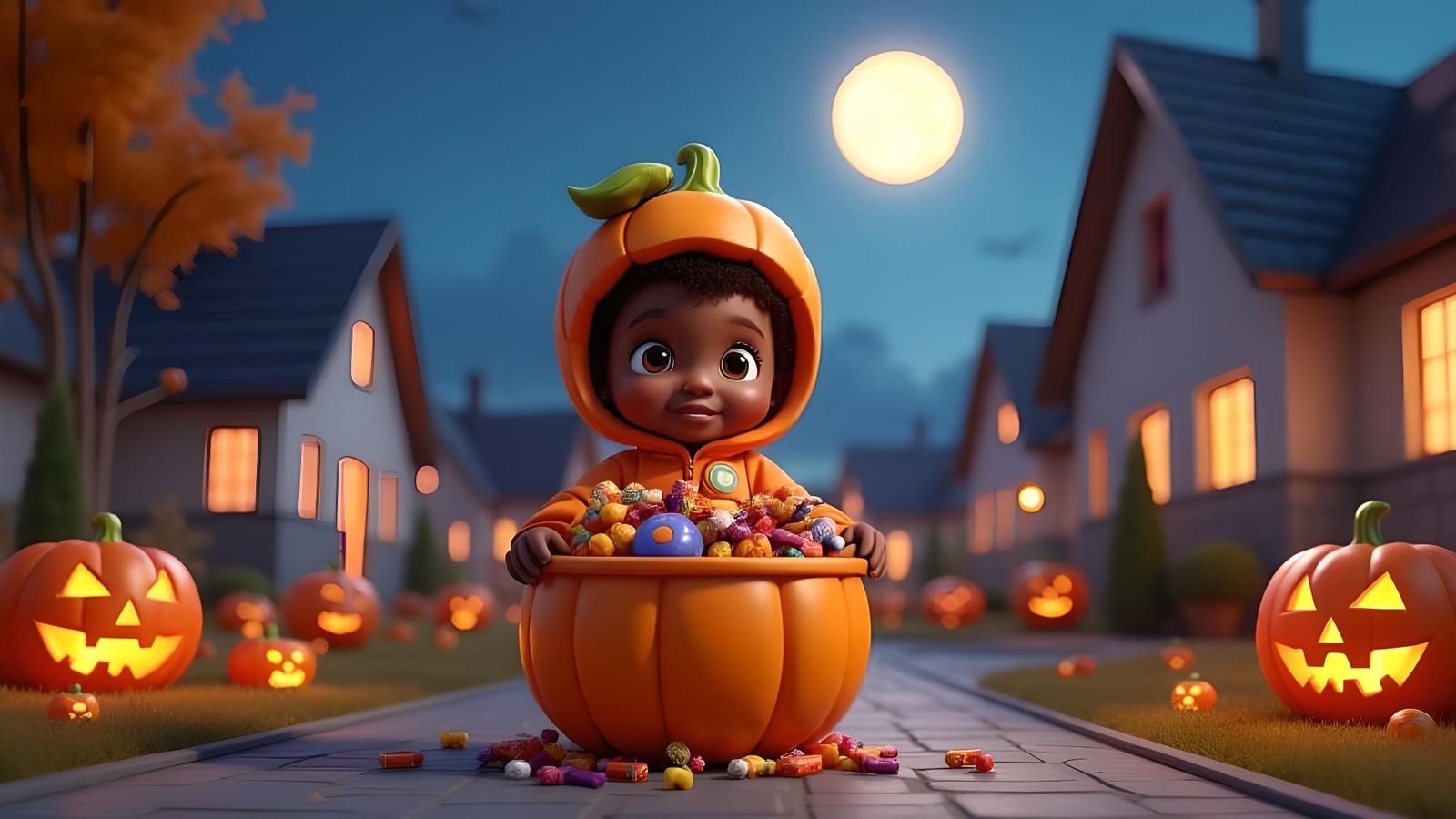 Toddler in Pumpkin Costume with Candy Basket