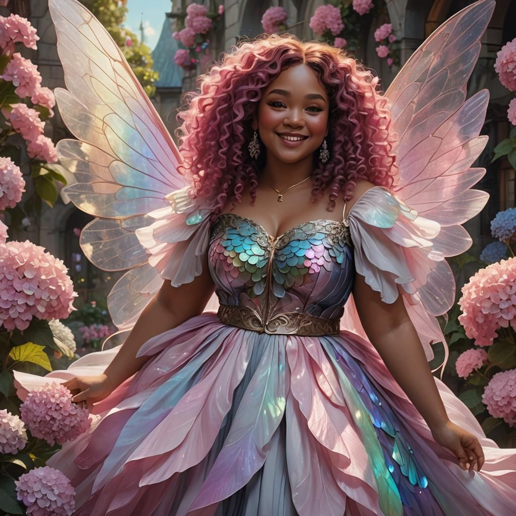 Plus-Size Woman with Fairy Wings and Pink Curls