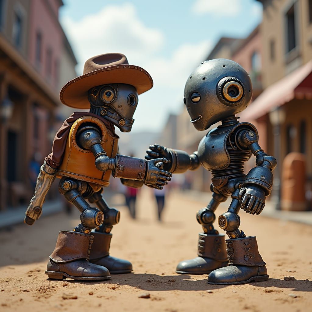 Cowboys Versus Robots in Steampunk Town Square