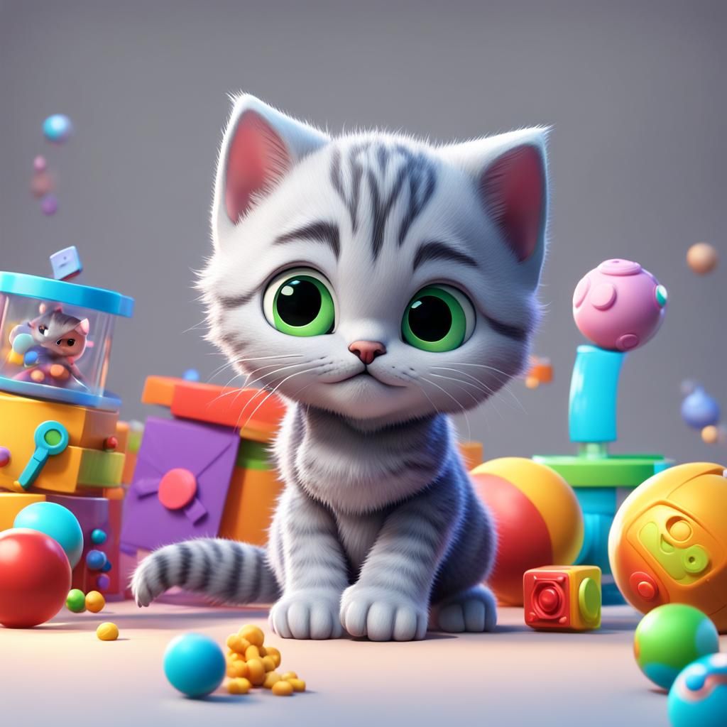 Gray Kitten Plays: 3D Digital Art by Pixar