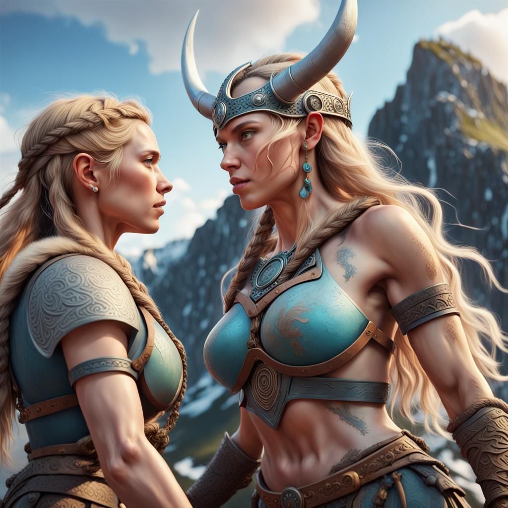 Futuristic Humanoid Meets Viking Woman: 3D Render