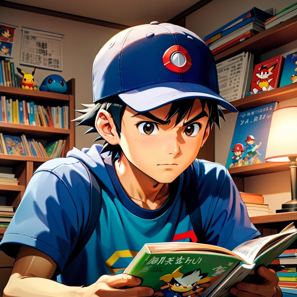 Ash Ketchum Reading Manga: Cel-Shaded Anime Art