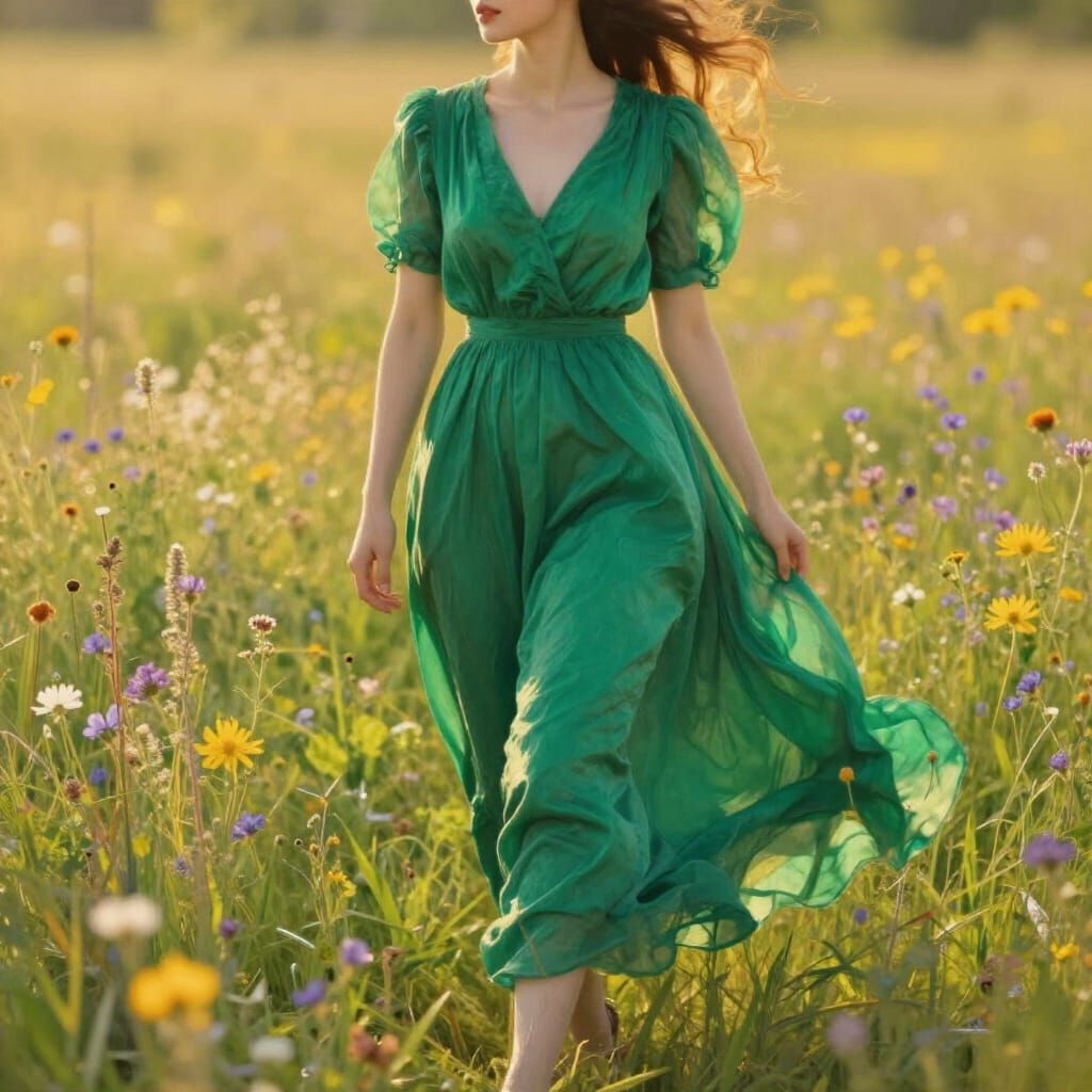 Woman in Emerald Dress in Sunlit Meadow Oil Painting