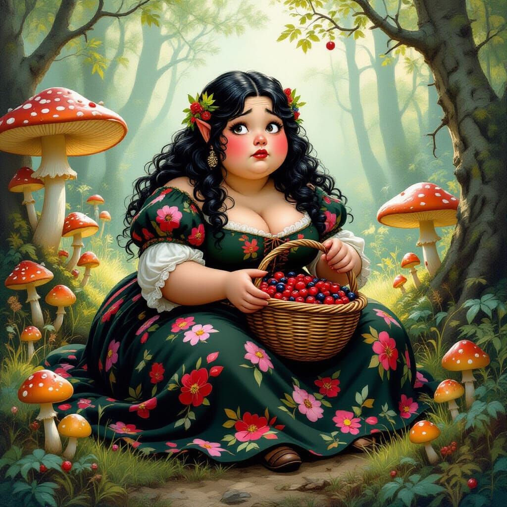 Dwarven Maiden in Forest Clearing, Pin-Up Style