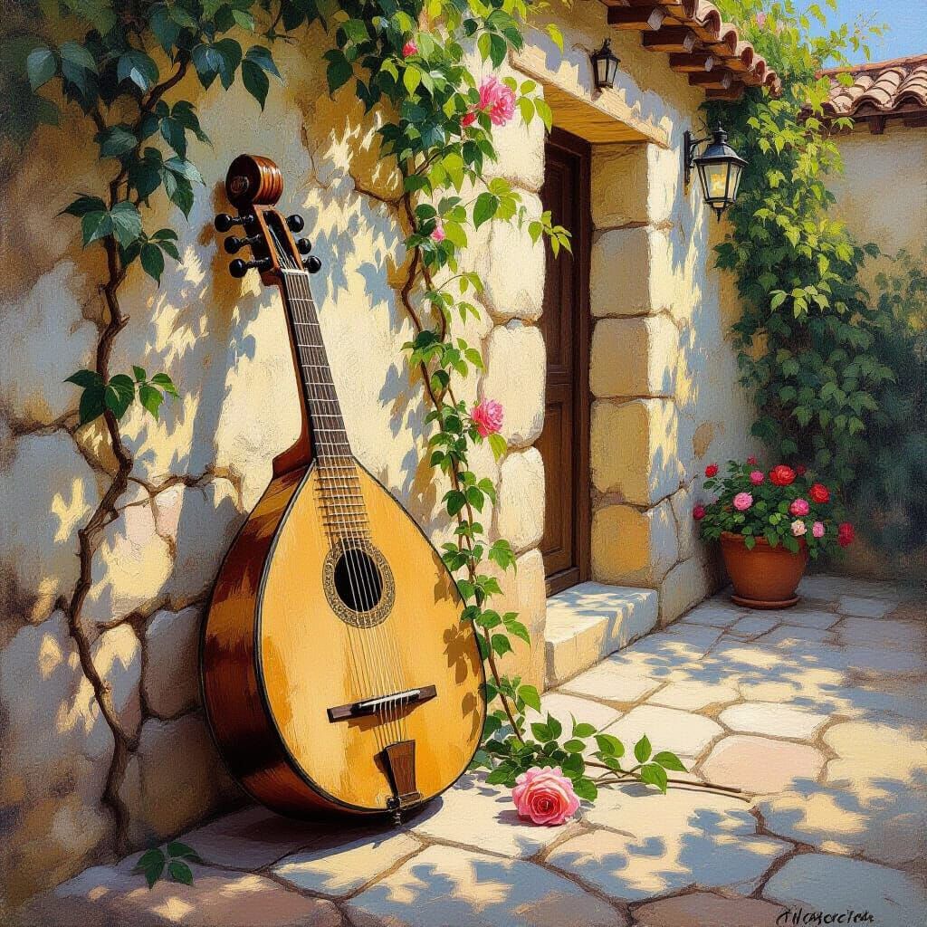 Antique Lute in Sunlit Villa Courtyard, Post-Impressionist S...