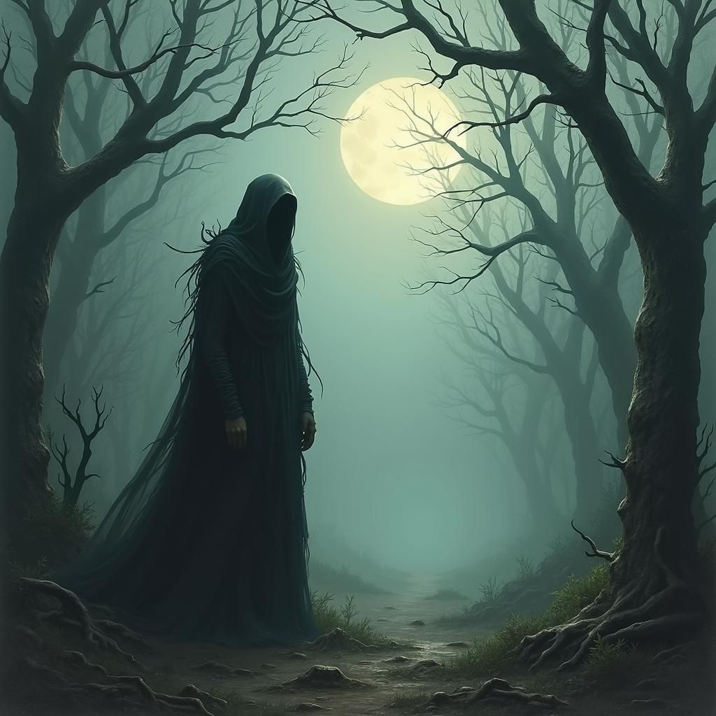 Ethereal Figure in Mist-Shrouded Forest