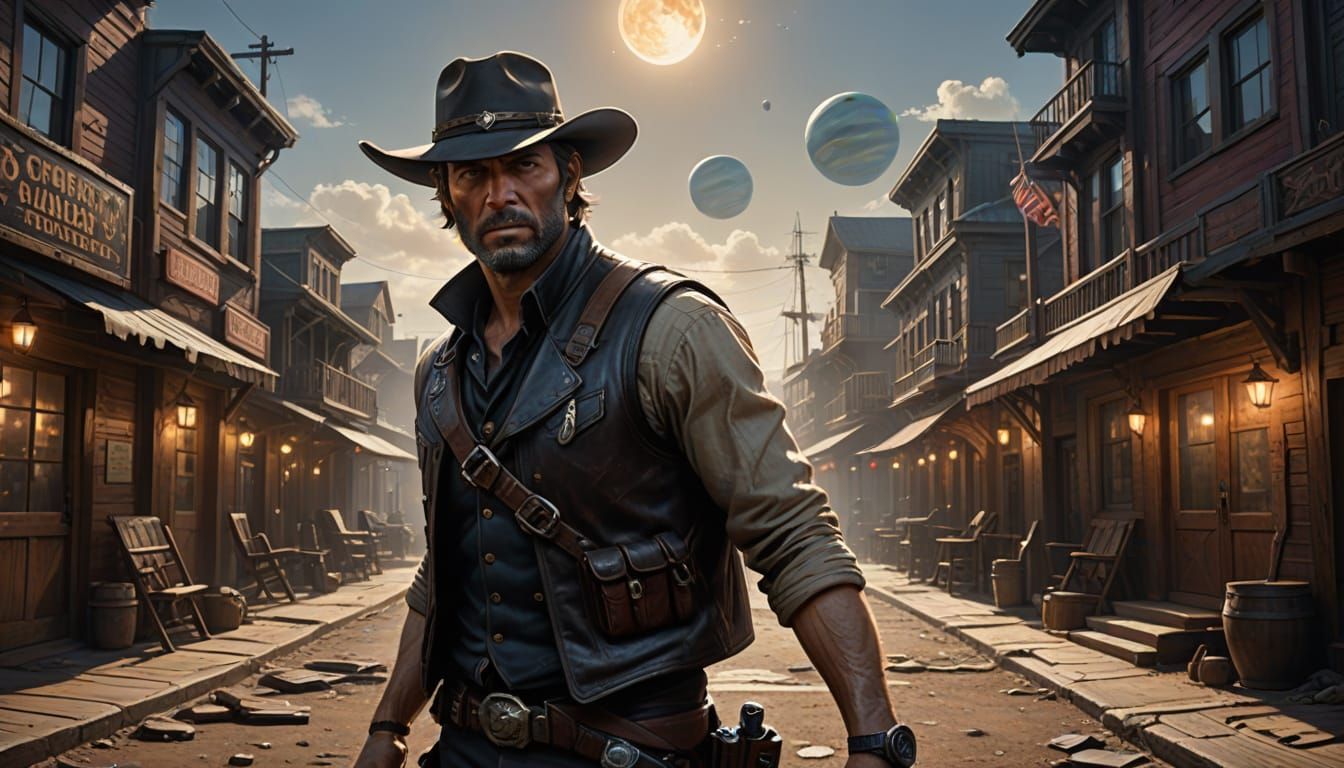 Gunslinger in a Western Town Under Starry Skies