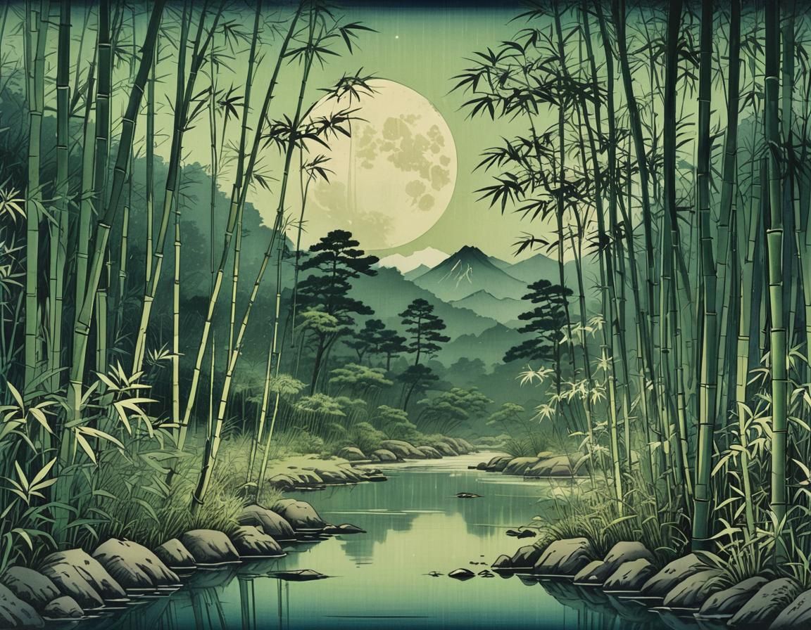 Moonlit Bamboo Grove in Ukiyo-e Style
