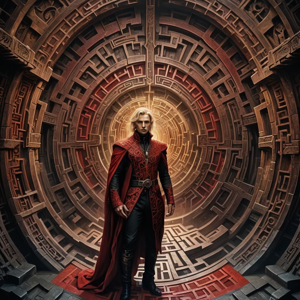 Victorian Blond Man in Giger-Inspired Labyrinth